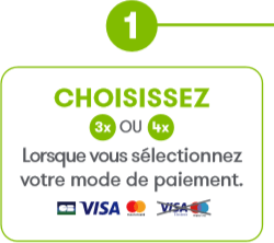 1° Choisissez 3X ou 4X lorsque vous sélectionnez votre mode de paiement